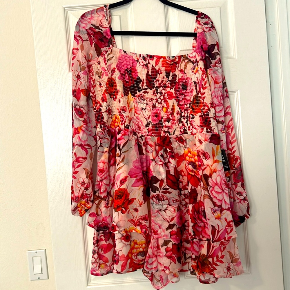 Floral square neck long sleeve smocked romper